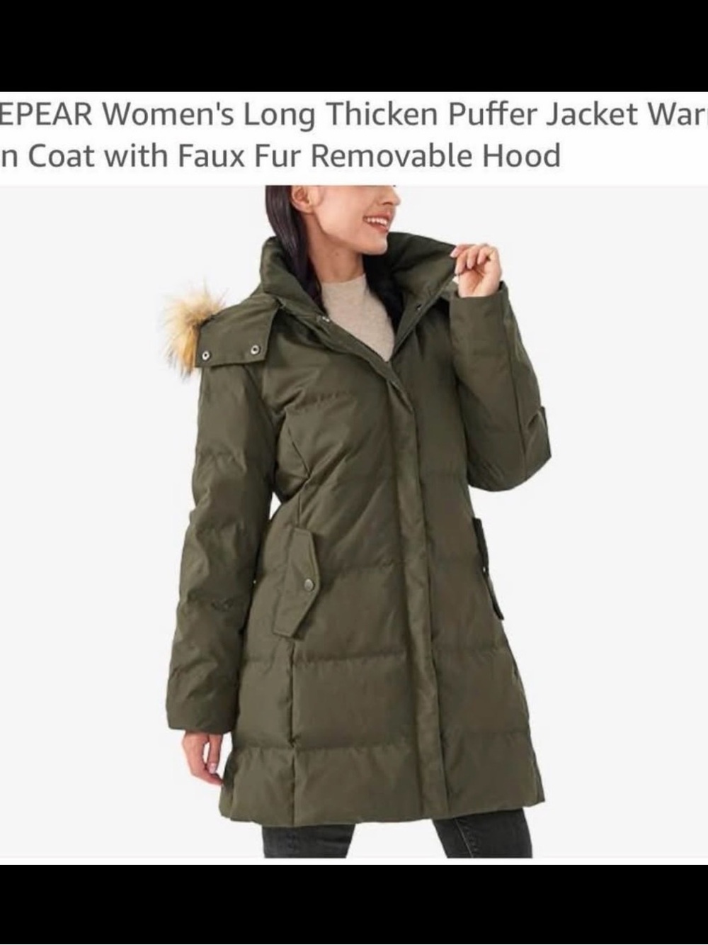 Women's Olive Green Long Puffer Coat with Faux Fur Removable Hood